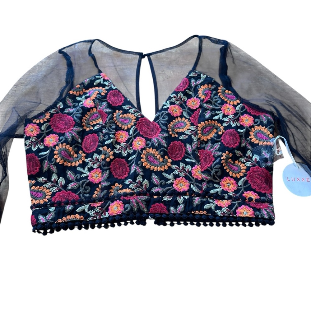 LUXXEL Embroidered Mesh Crop Top Sheer Sleeve Bustier Festival NWT M/L Summer - Picture 9 of 14